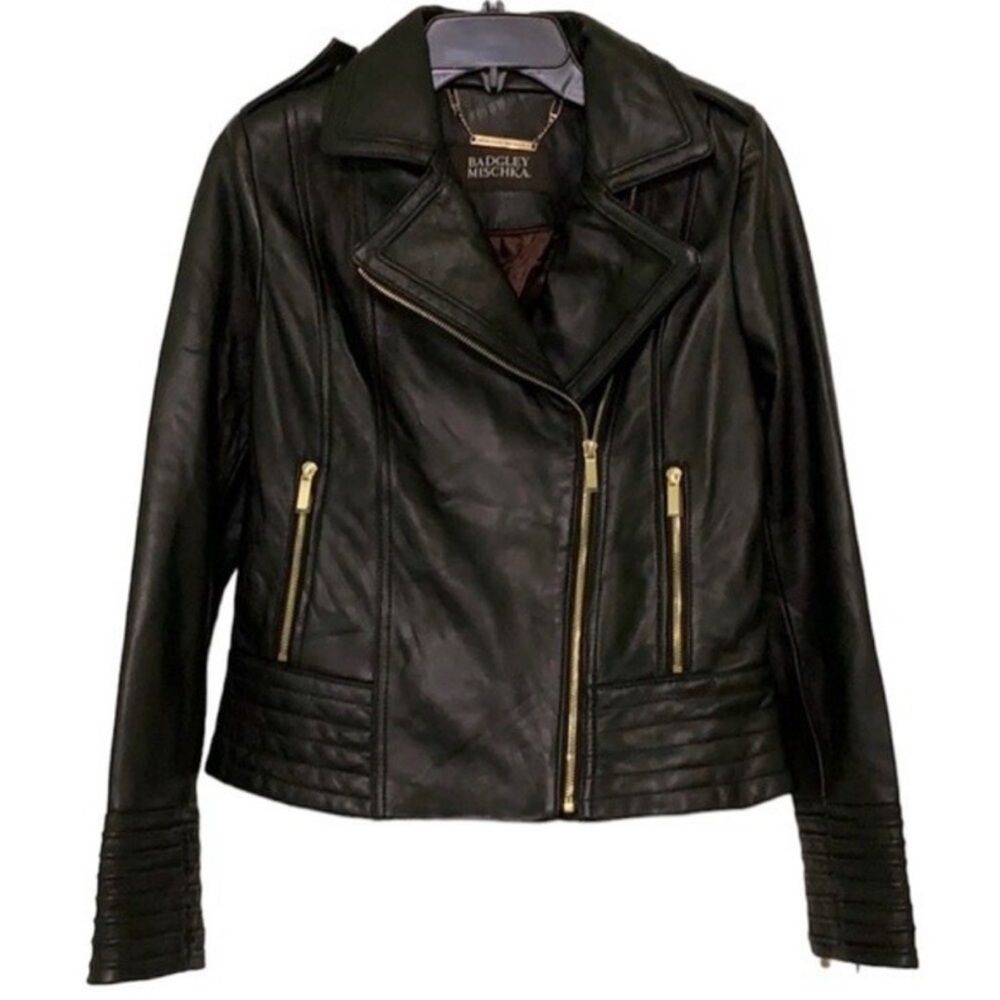 BADGLEY MISCHKA Gia Moto Asymmetrical Zipper Leather Jacket Size XS Black Gold